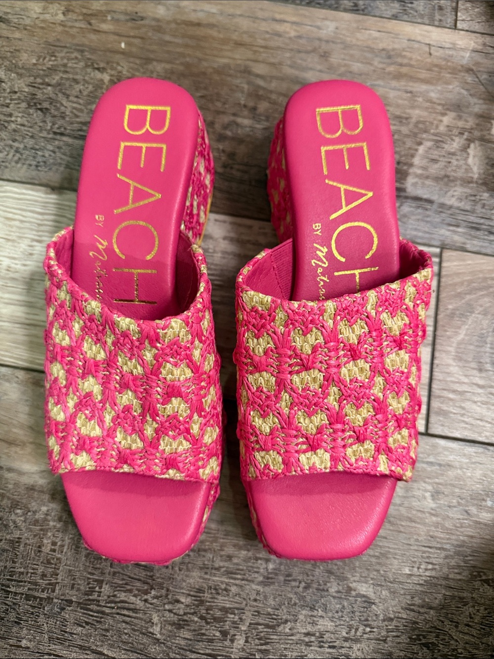BEACH Woven Pink & Gold Slide Sandals